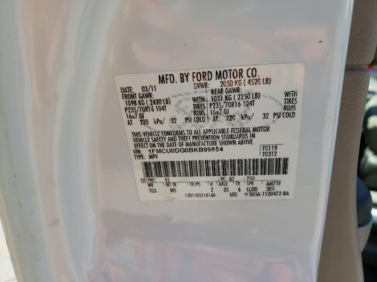 Photo 10 from auction – 2011 FORD ESCAPE XLT with VIN 1FMCU0DG0BKB99854
