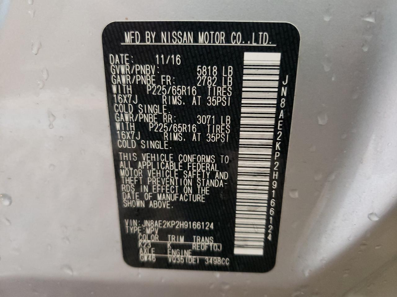 Photo 10 from auction – 2017 NISSAN QUEST S with VIN JN8AE2KP2H9166124