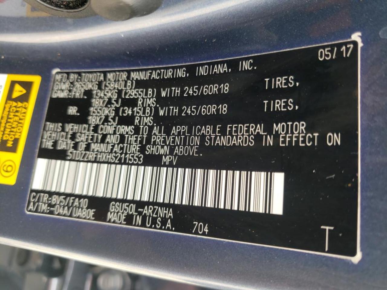 Photo 10 from auction – 2017 TOYOTA HIGHLANDER with VIN 5TDZZRFHXHS211553