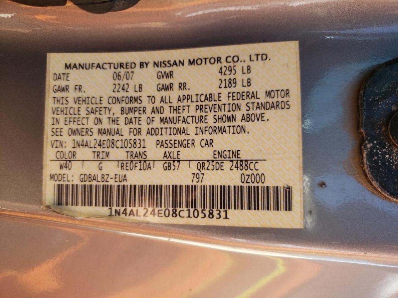 Photo 10 from auction – 2008 NISSAN ALTIMA 2.5 with VIN 1N4AL24E08C105831