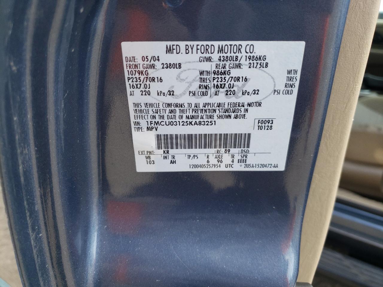 Photo 10 from auction – 2005 FORD ESCAPE XLT with VIN 1FMCU03125KA83251