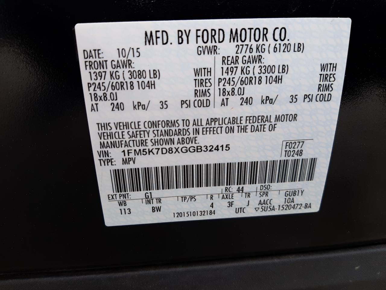 Photo 10 from auction – 2016 FORD EXPLORER X with VIN 1FM5K7D8XGGB32415