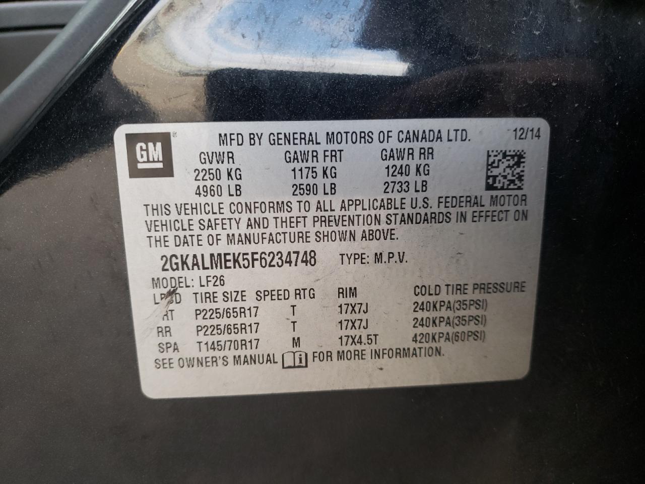 Photo 10 from auction – 2015 GMC TERRAIN SL with VIN 2GKALMEK5F6234748