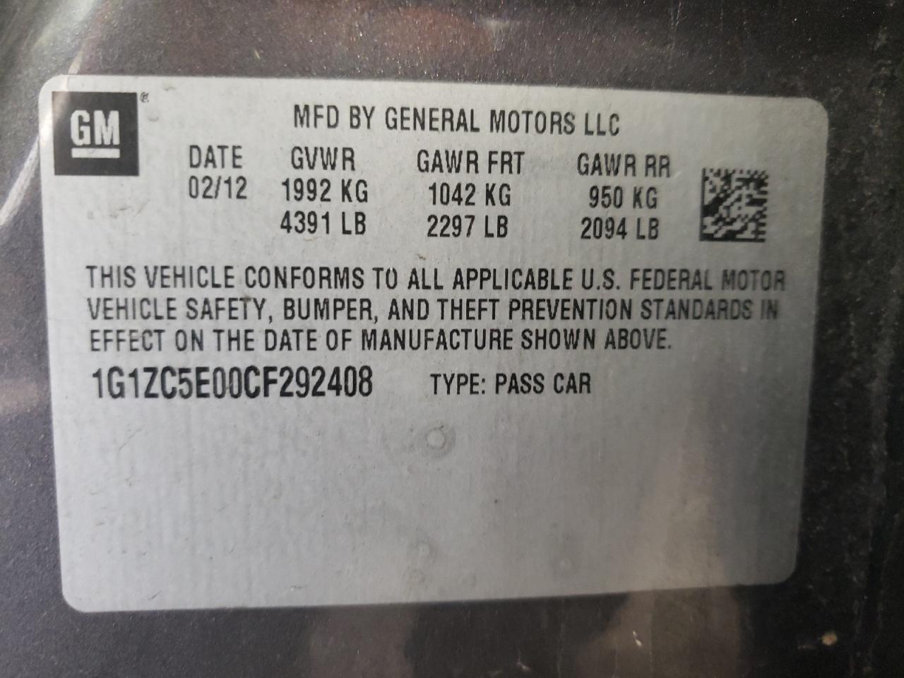 Photo 10 from auction – 2012 CHEVROLET MALIBU 1LT with VIN 1G1ZC5E00CF292408
