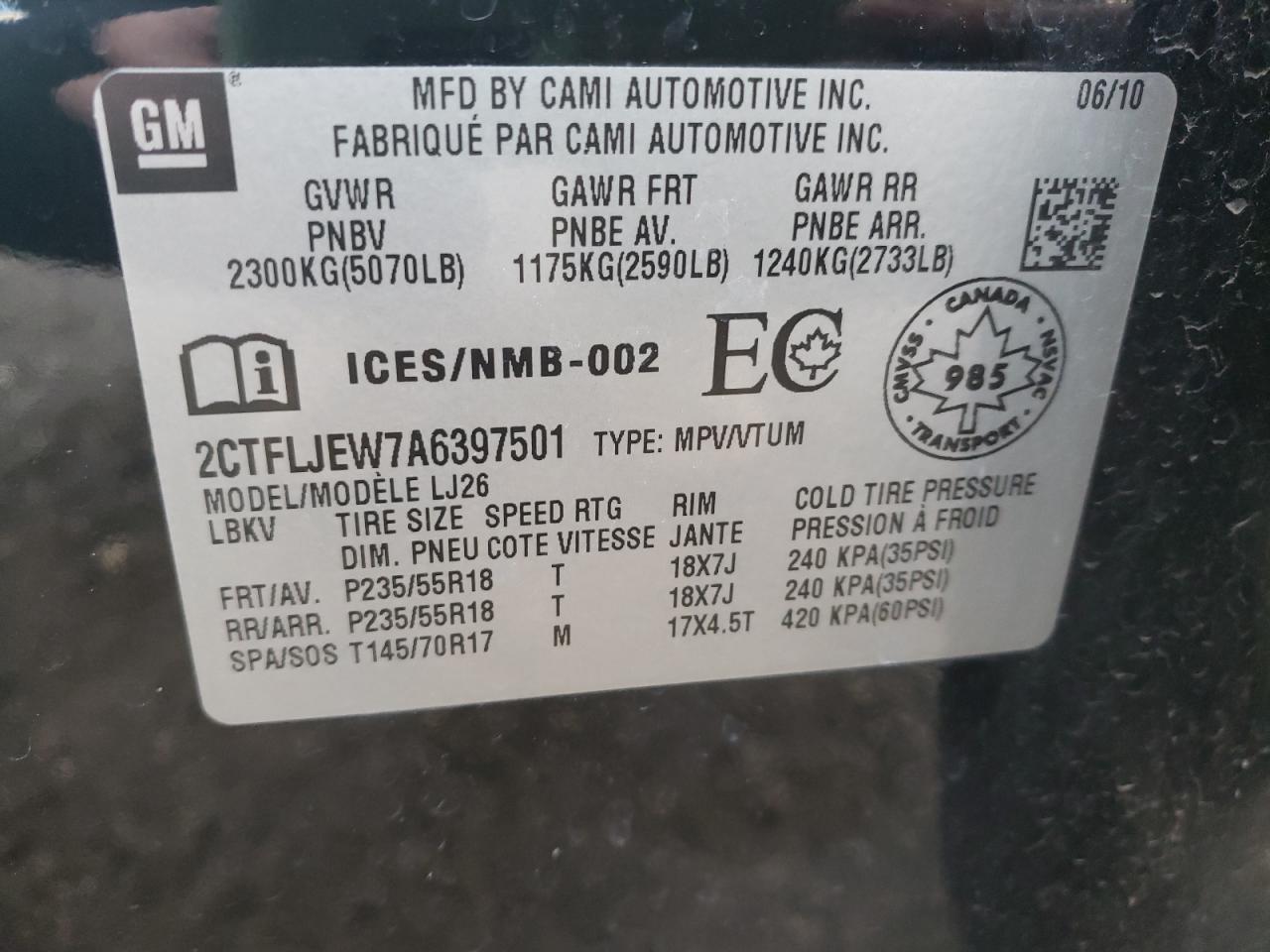 Photo 10 from auction – 2010 GMC TERRAIN SL with VIN 2CTFLJEW7A6397501