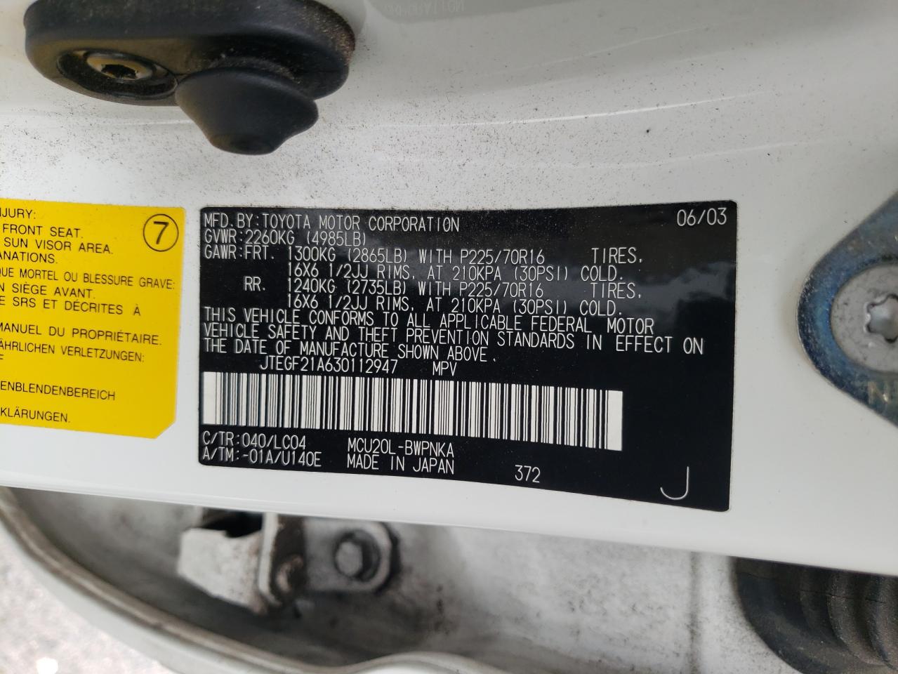 Photo 10 from auction – 2003 TOYOTA HIGHLANDER with VIN JTEGF21A630112947