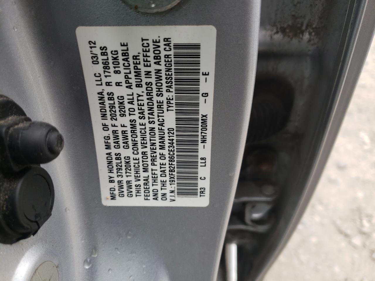 Photo 10 from auction – 2012 HONDA CIVIC EX with VIN 19XFB2F86CE344120