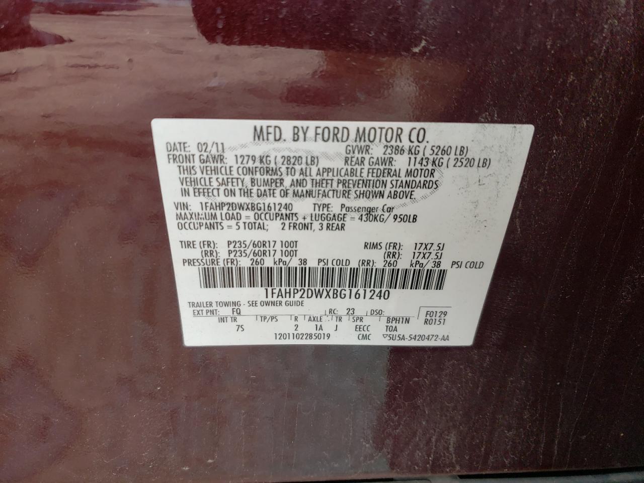 Photo 10 from auction – 2011 FORD TAURUS SE with VIN 1FAHP2DWXBG161240