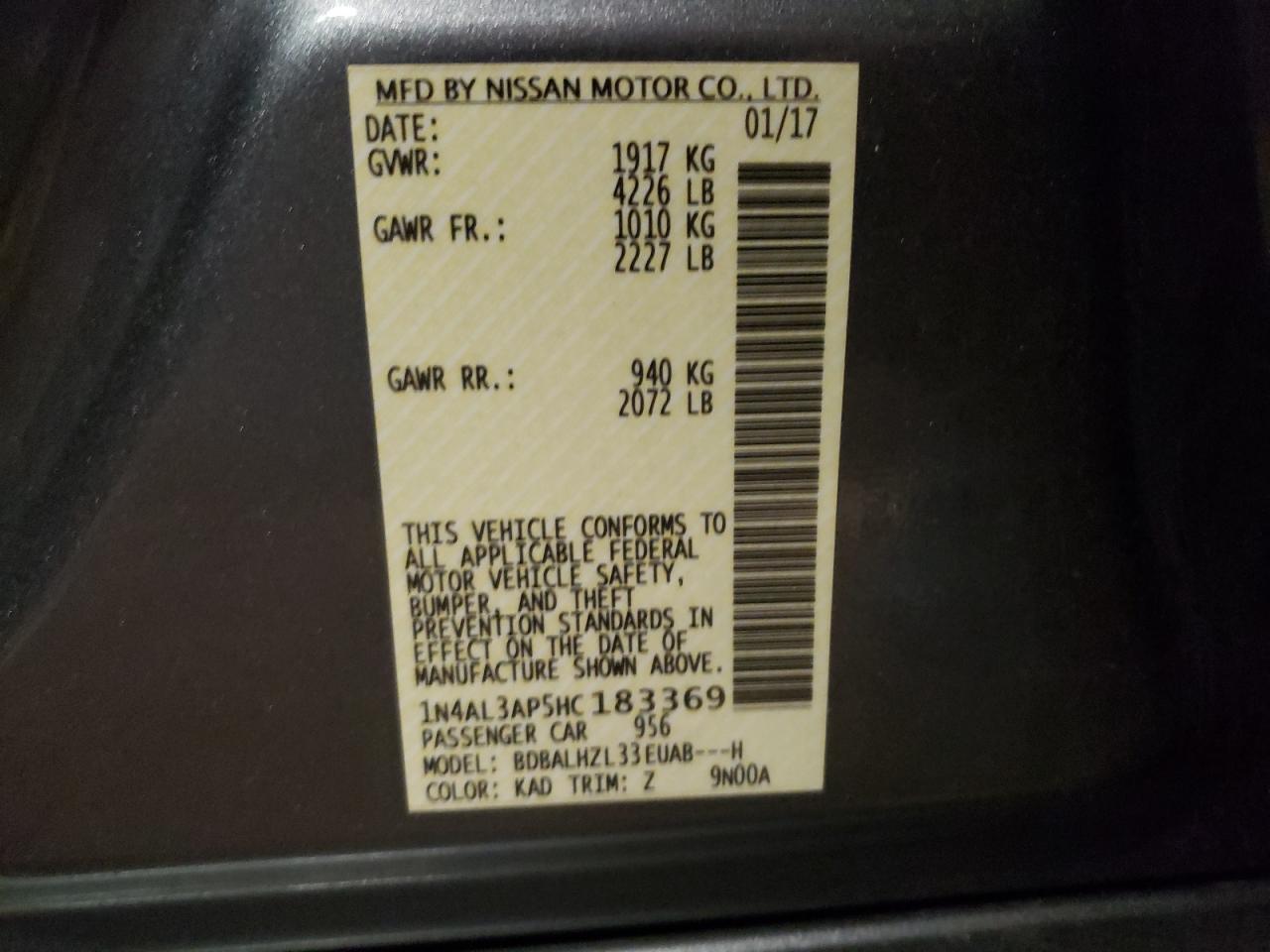 Photo 10 from auction – 2017 NISSAN ALTIMA 2.5 with VIN 1N4AL3AP5HC183369