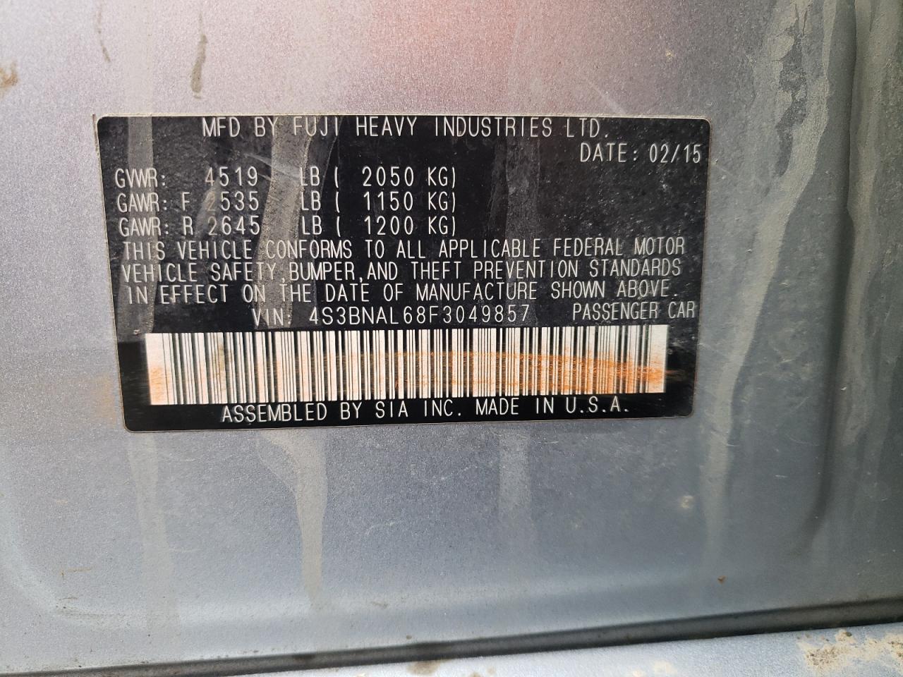 Photo 10 from auction – 2015 SUBARU LEGACY 2.5 with VIN 4S3BNAL68F3049857