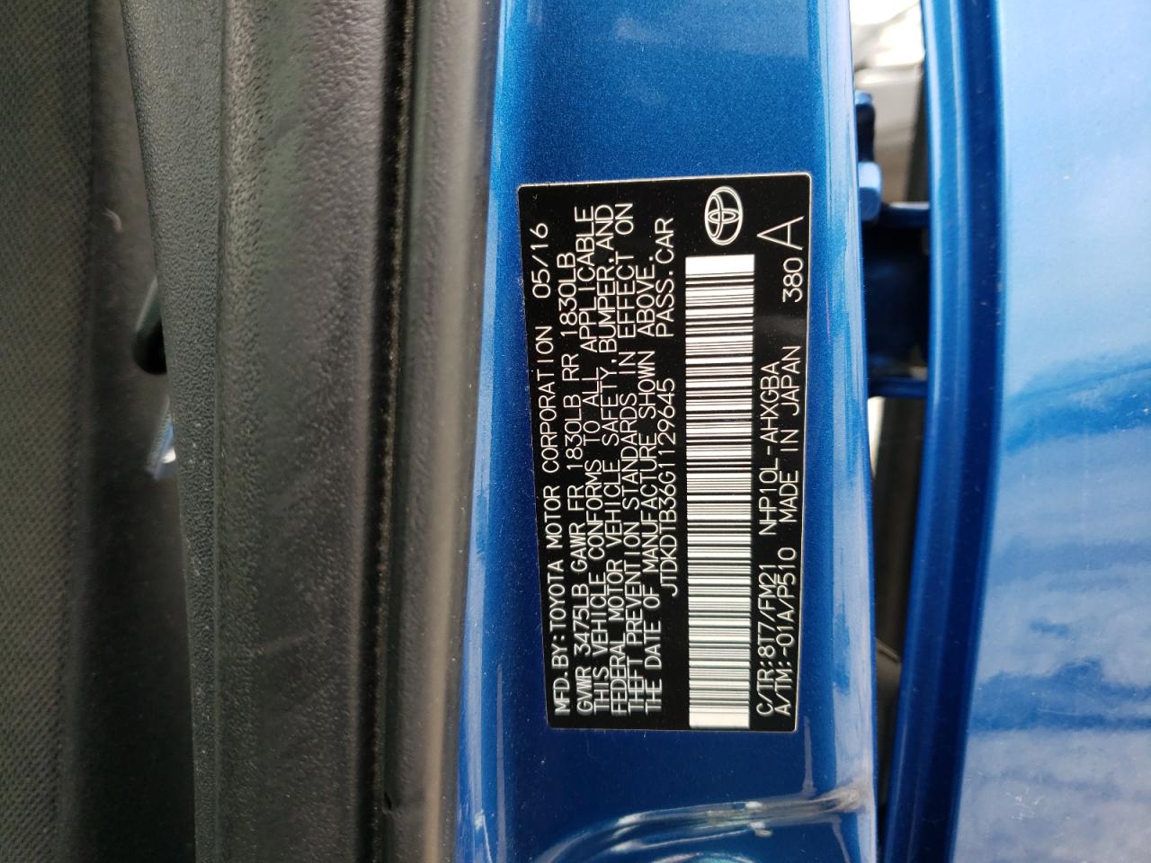 Photo 10 from auction – 2016 TOYOTA PRIUS C with VIN JTDKDTB36G1129645