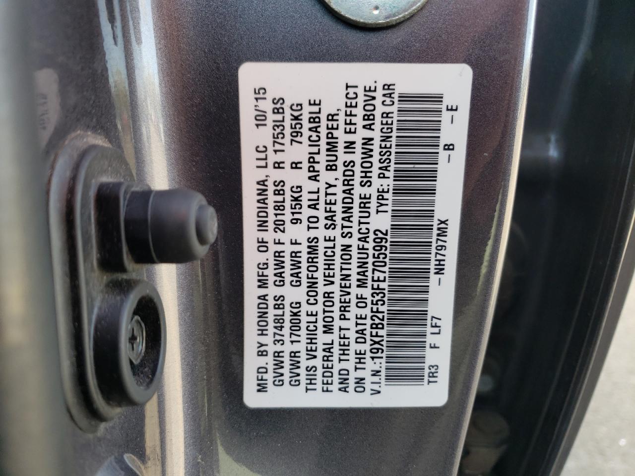 Photo 10 from auction – 2015 HONDA CIVIC LX with VIN 19XFB2F53FE705992