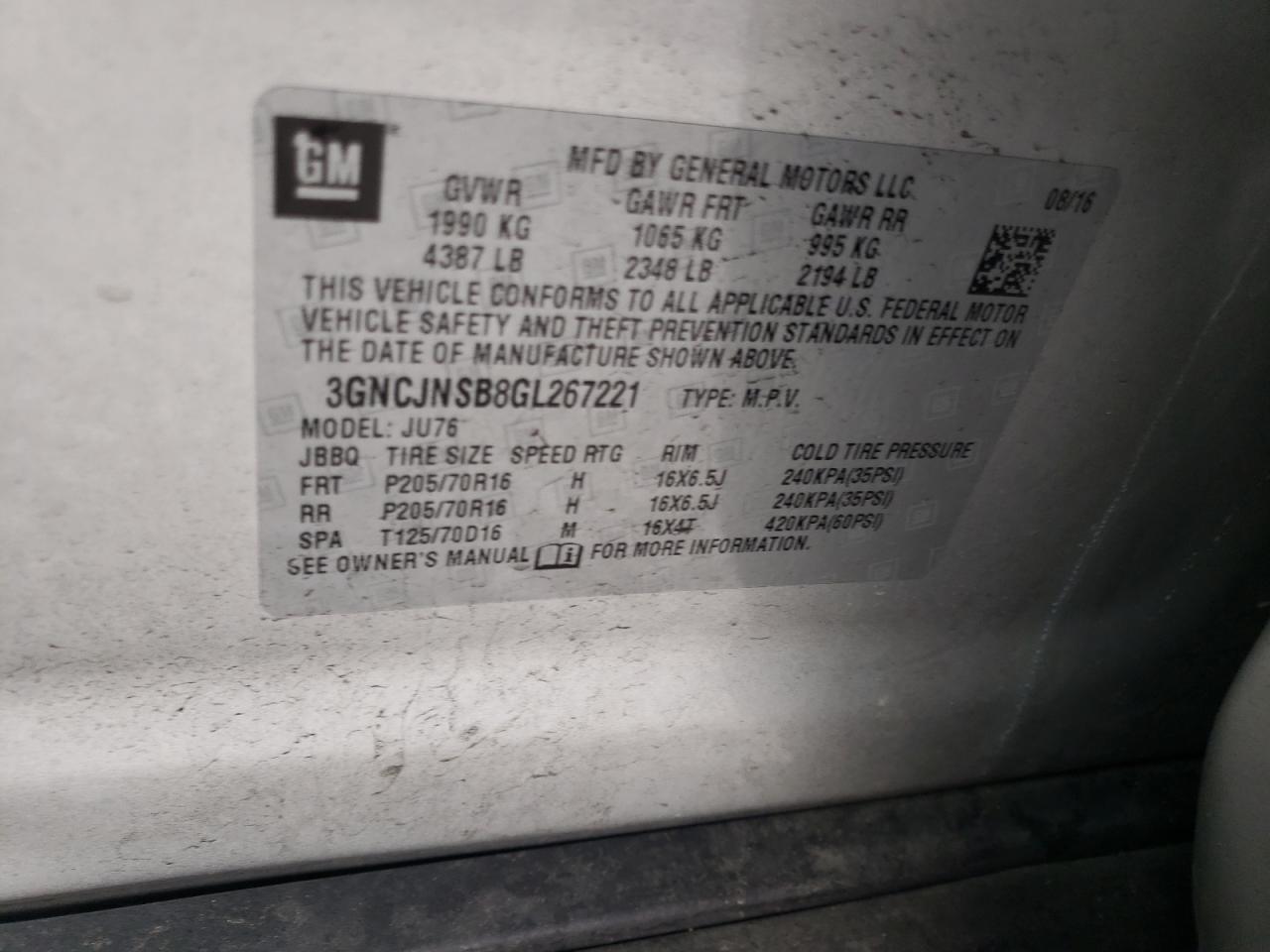 Photo 10 from auction – 2016 CHEVROLET TRAX LS with VIN 3GNCJNSB8GL267221