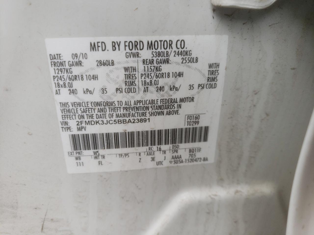Photo 10 from auction – 2011 FORD EDGE SEL with VIN 2FMDK3JC5BBA23891