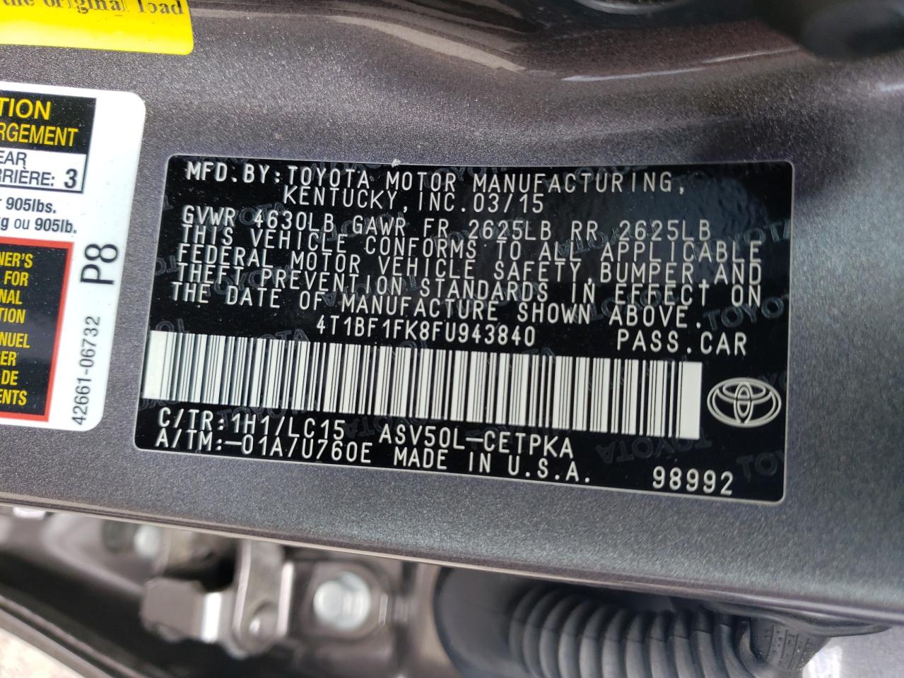 Photo 10 from auction – 2015 TOYOTA CAMRY LE with VIN 4T1BF1FK8FU943840
