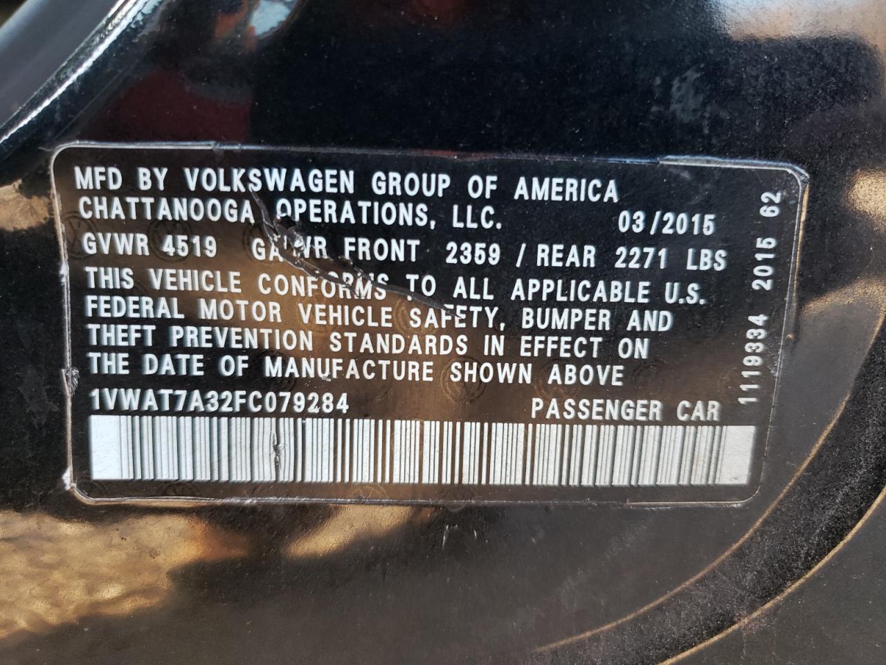 Photo 10 from auction – 2015 VOLKSWAGEN PASSAT S with VIN 1VWAT7A32FC079284