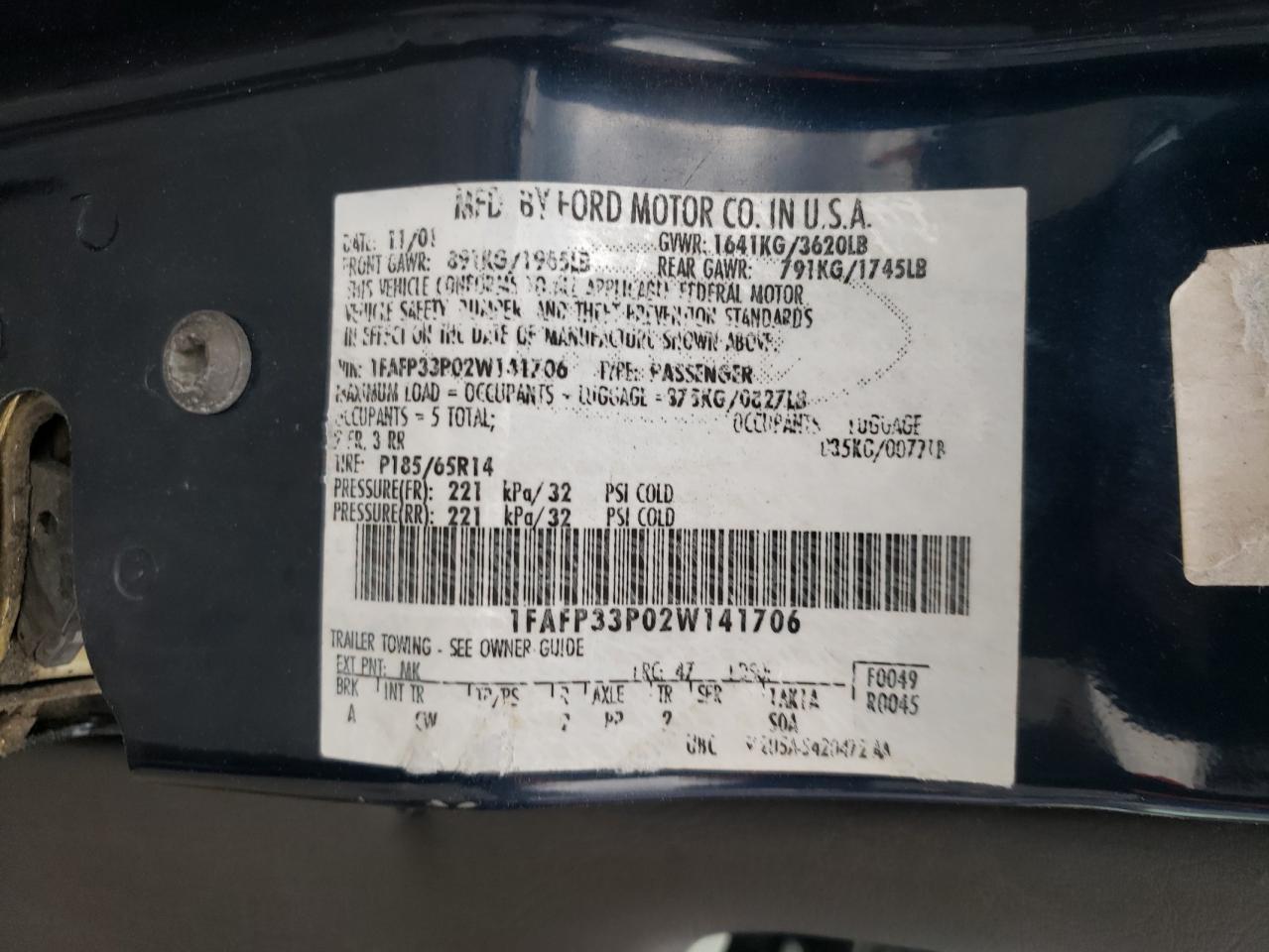 Photo 10 from auction – 2002 FORD FOCUS LX with VIN 1FAFP33P02W141706