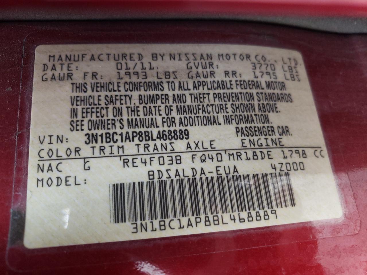 Photo 10 from auction – 2011 NISSAN VERSA S with VIN 3N1BC1AP8BL468889
