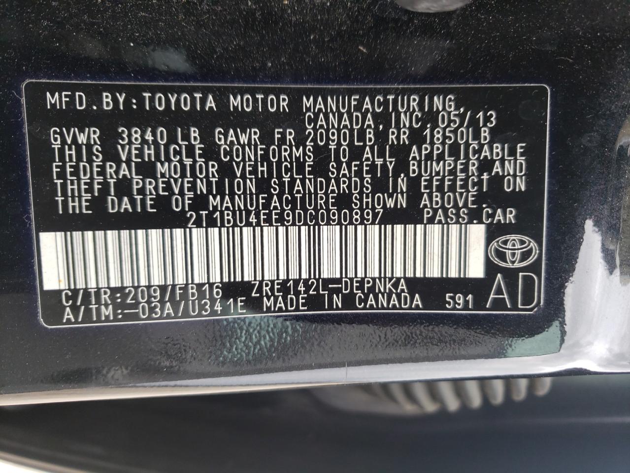 Photo 10 from auction – 2013 TOYOTA COROLLA BA with VIN 2T1BU4EE9DC090897