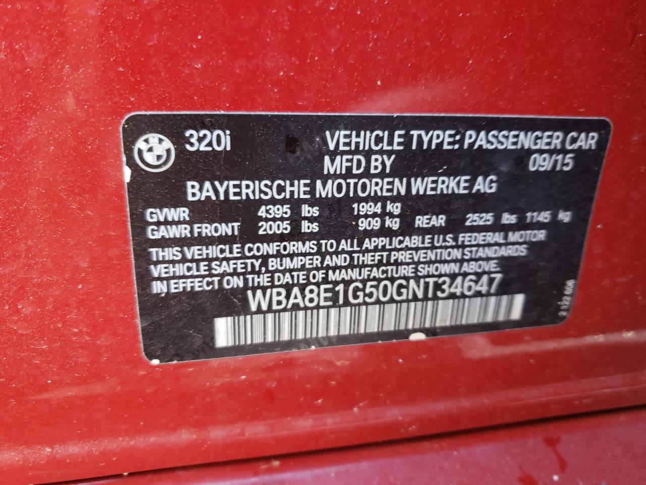 Photo 10 from auction – 2016 BMW 320 I with VIN WBA8E1G50GNT34647