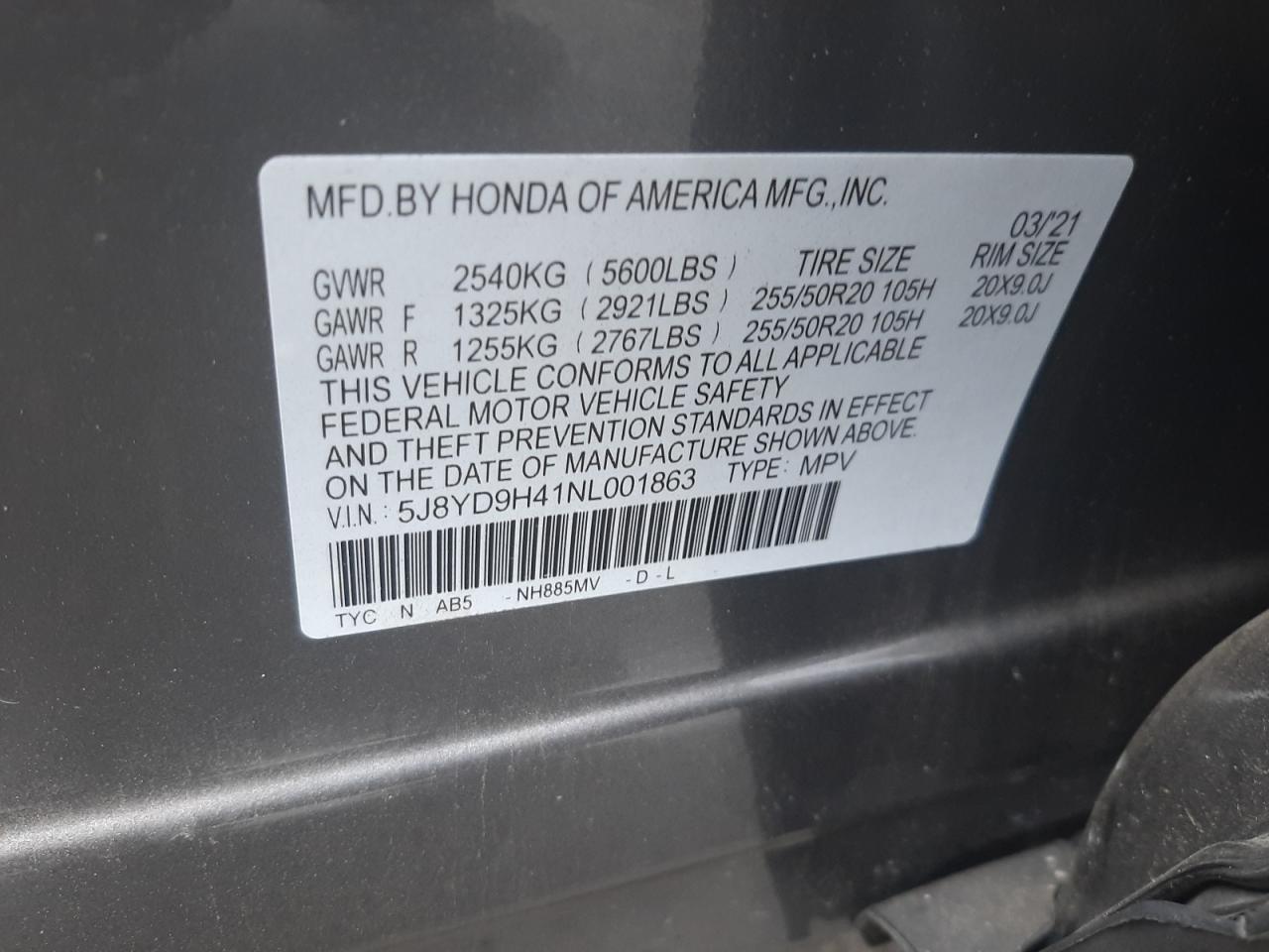 Photo 10 from auction – 2022 ACURA MDX TECHNO with VIN 5J8YD9H41NL001863