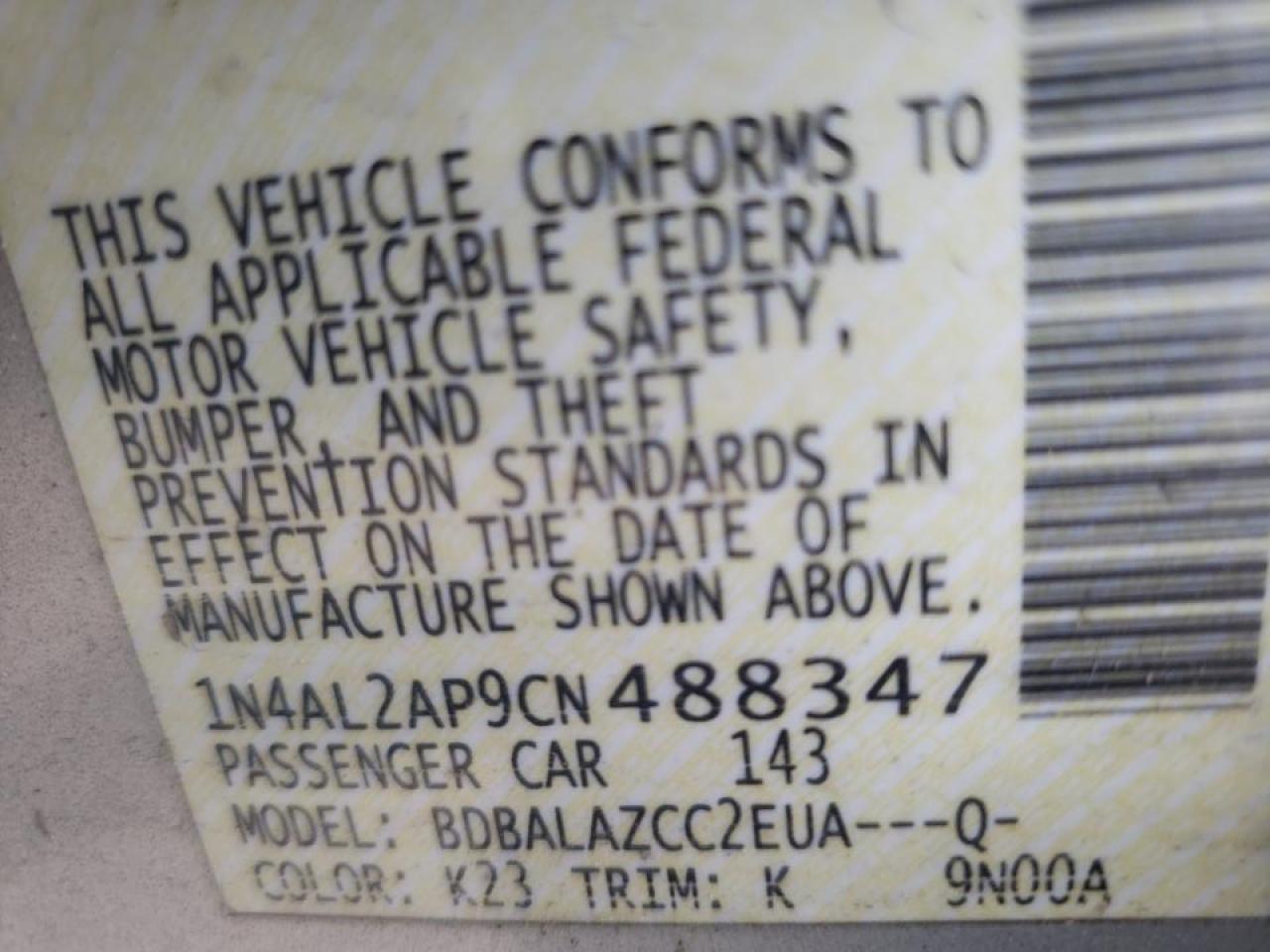 Photo 10 from auction – 2012 NISSAN ALTIMA BAS with VIN 1N4AL2AP9CN488347
