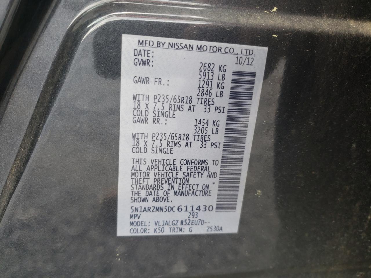 Photo 10 from auction – 2013 NISSAN PATHFINDER with VIN 5N1AR2MN5DC611430