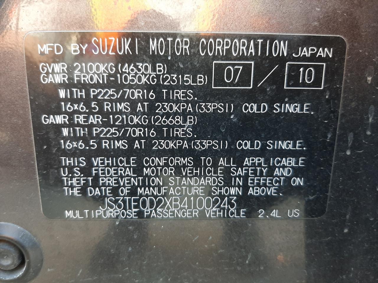 Photo 10 from auction – 2011 SUZUKI GRAND VITA with VIN JS3TE0D2XB4100243