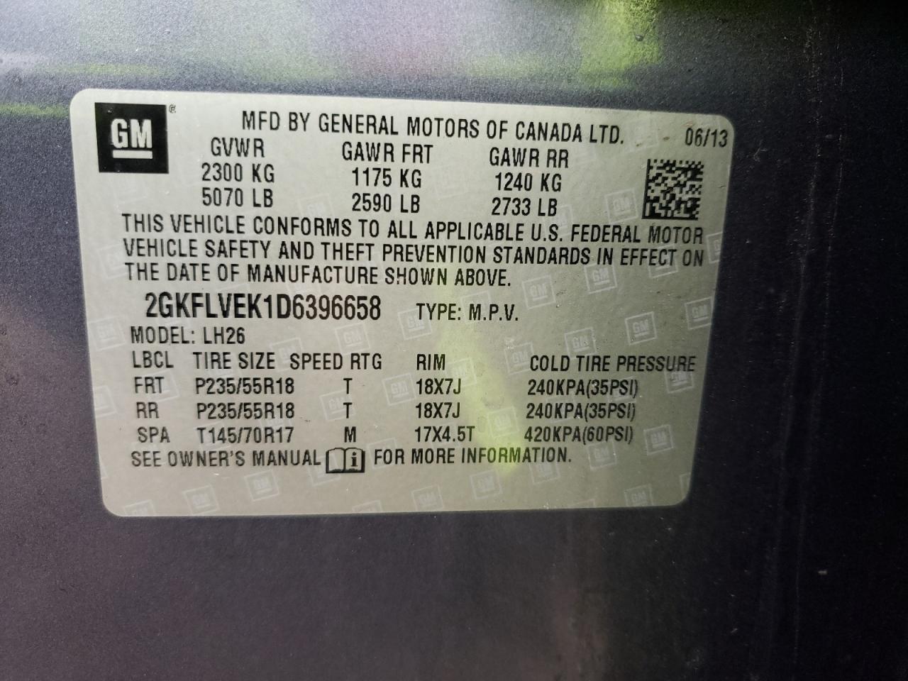 Photo 10 from auction – 2013 GMC TERRAIN SL with VIN 2GKFLVEK1D6396658