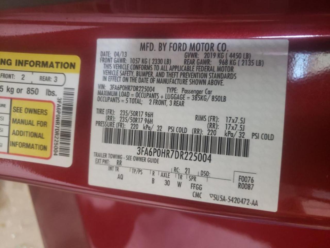 Photo 10 from auction – 2013 FORD FUSION SE with VIN 3FA6P0HR7DR225004