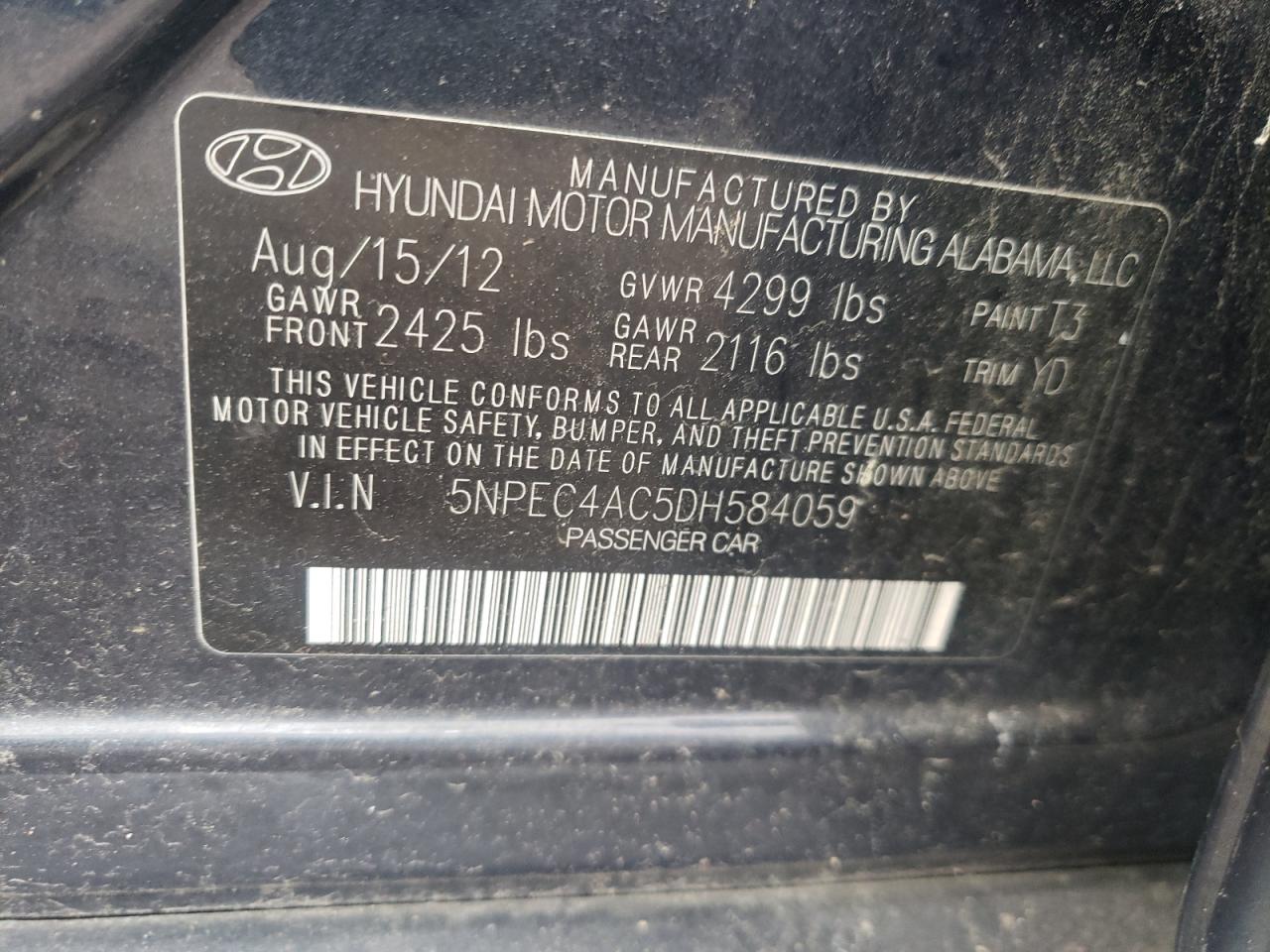 Photo 10 from auction – 2013 HYUNDAI SONATA SE with VIN 5NPEC4AC5DH584059