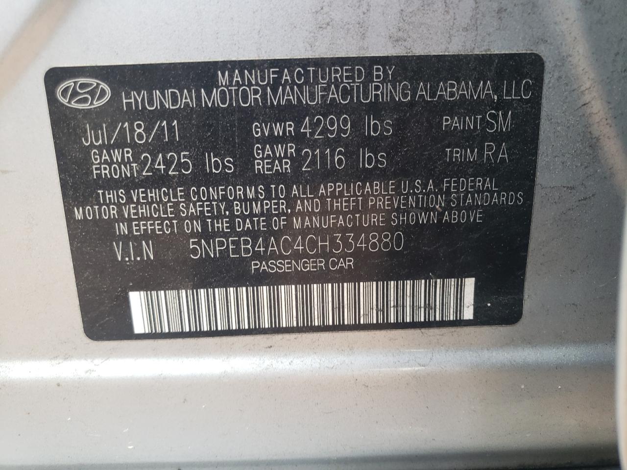 Photo 10 from auction – 2012 HYUNDAI SONATA GLS with VIN 5NPEB4AC4CH334880
