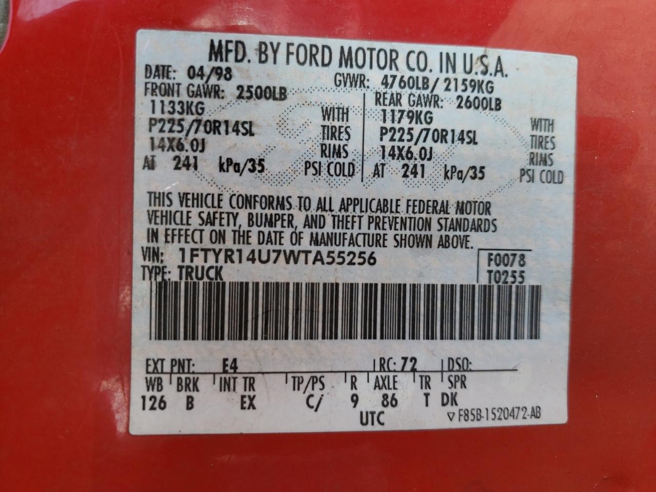 Photo 10 from auction – 1998 FORD RANGER SUP with VIN 1FTYR14U7WTA55256