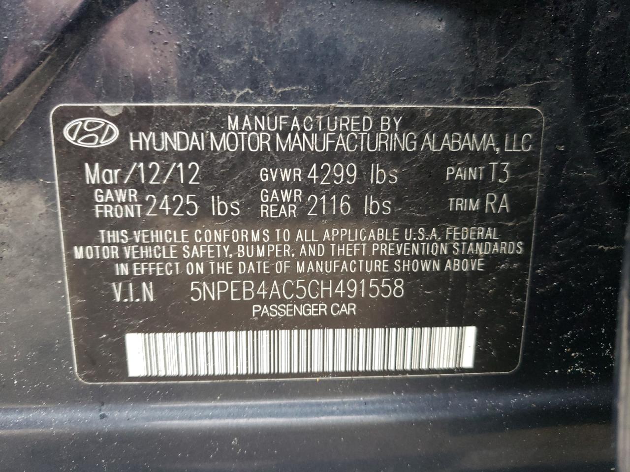 Photo 10 from auction – 2012 HYUNDAI SONATA GLS with VIN 5NPEB4AC5CH491558