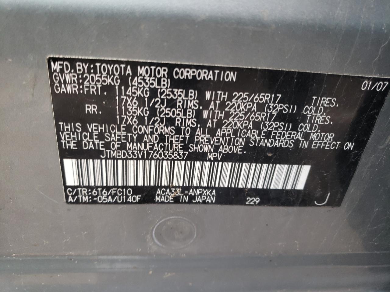 Photo 10 from auction – 2007 TOYOTA RAV4 with VIN JTMBD33V176035837