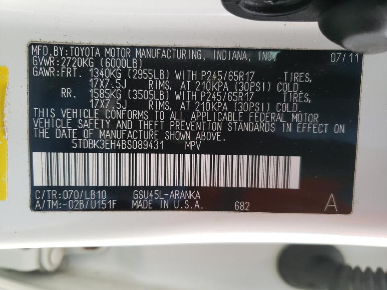 Photo 10 from auction – 2011 TOYOTA HIGHLANDER with VIN 5TDBK3EH4BS089431