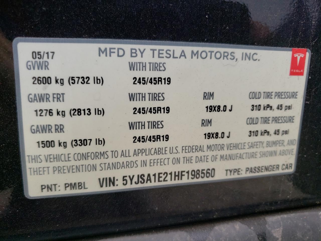 Photo 10 from auction – 2017 TESLA MODEL S with VIN 5YJSA1E21HF198560