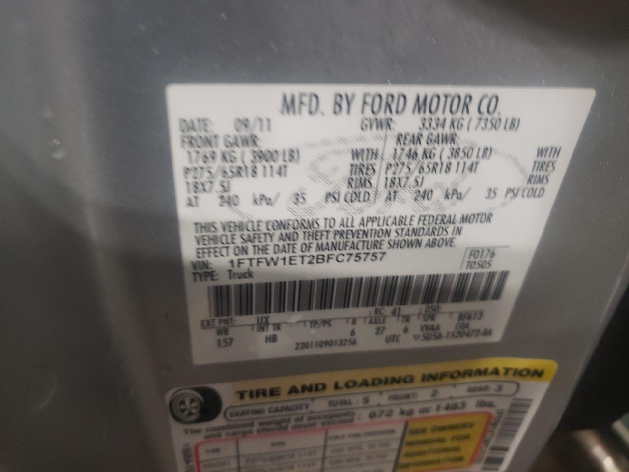 Photo 10 from auction – 2011 FORD F150 SUPER with VIN 1FTFW1ET2BFC75757