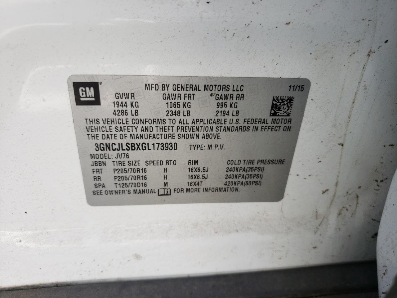 Photo 10 from auction – 2016 CHEVROLET TRAX 1LT with VIN 3GNCJLSBXGL173930
