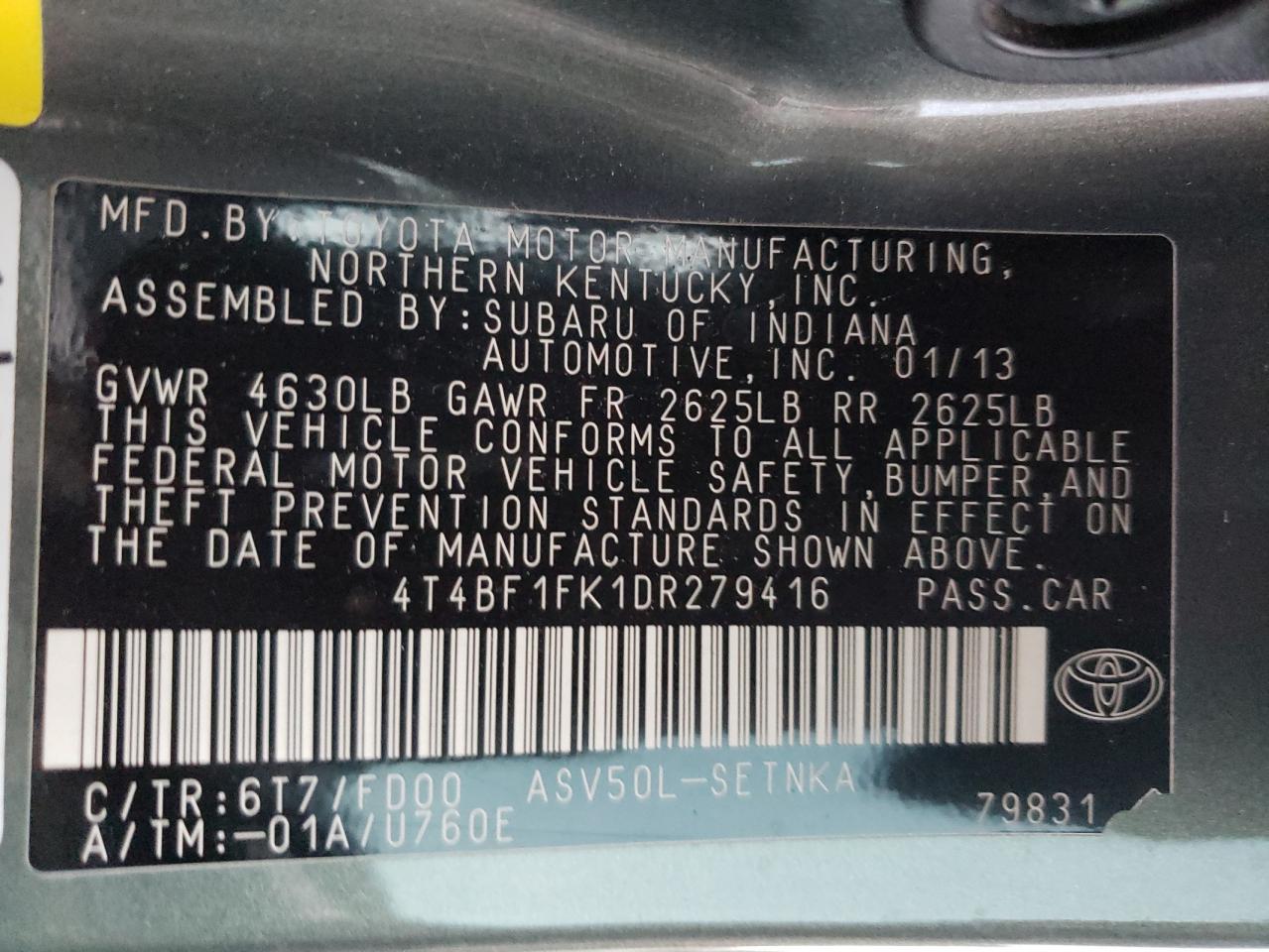 Photo 10 from auction – 2013 TOYOTA CAMRY L with VIN 4T4BF1FK1DR279416