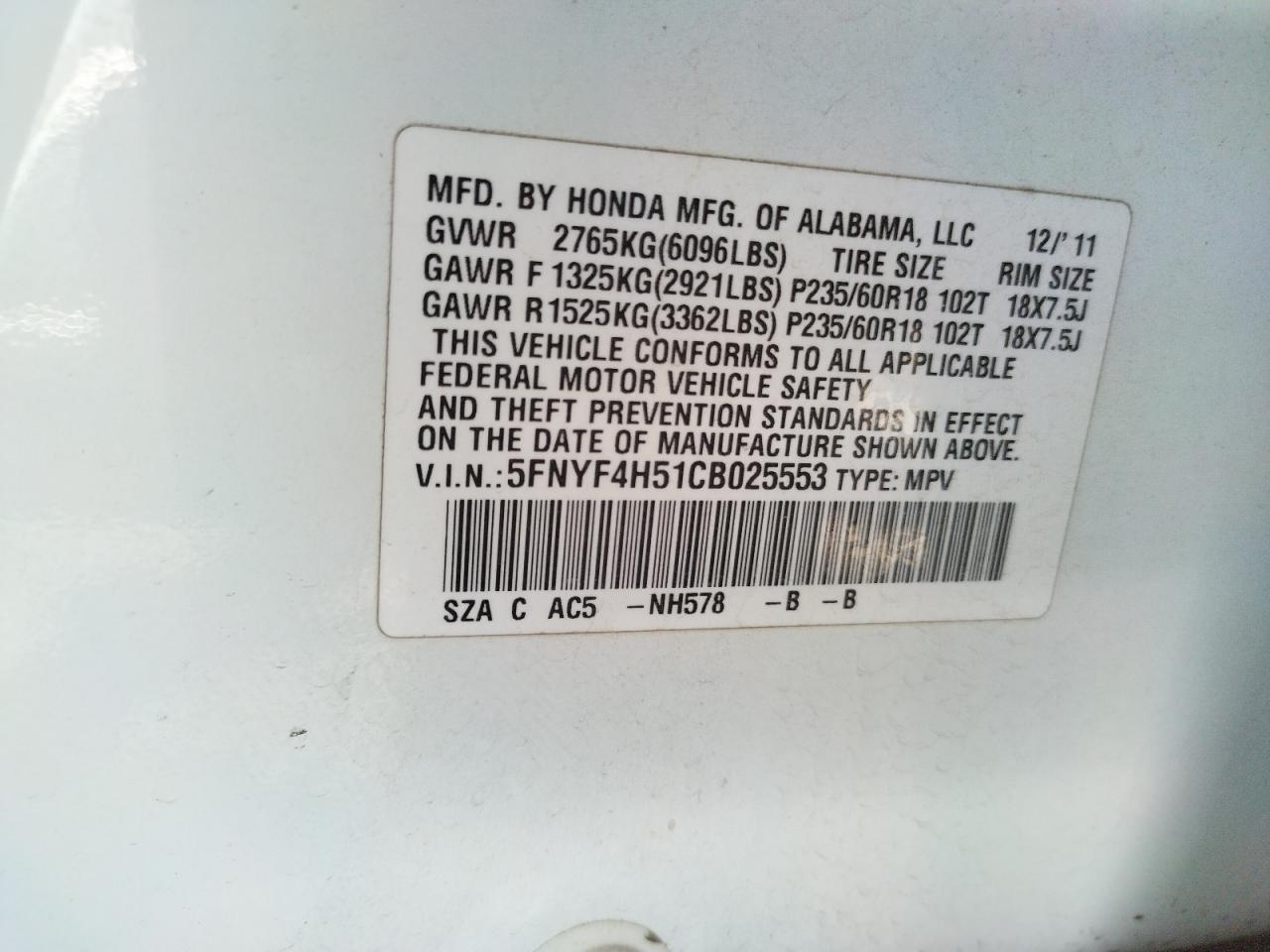Photo 10 from auction – 2012 HONDA PILOT EXL with VIN 5FNYF4H51CB025553
