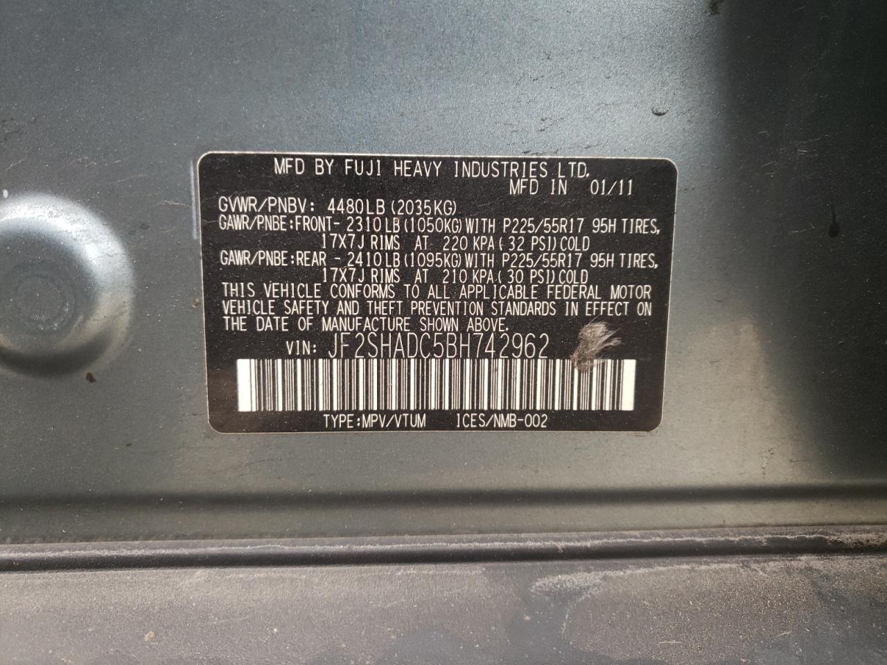 Photo 10 from auction – 2011 SUBARU FORESTER 2 with VIN JF2SHADC5BH742962