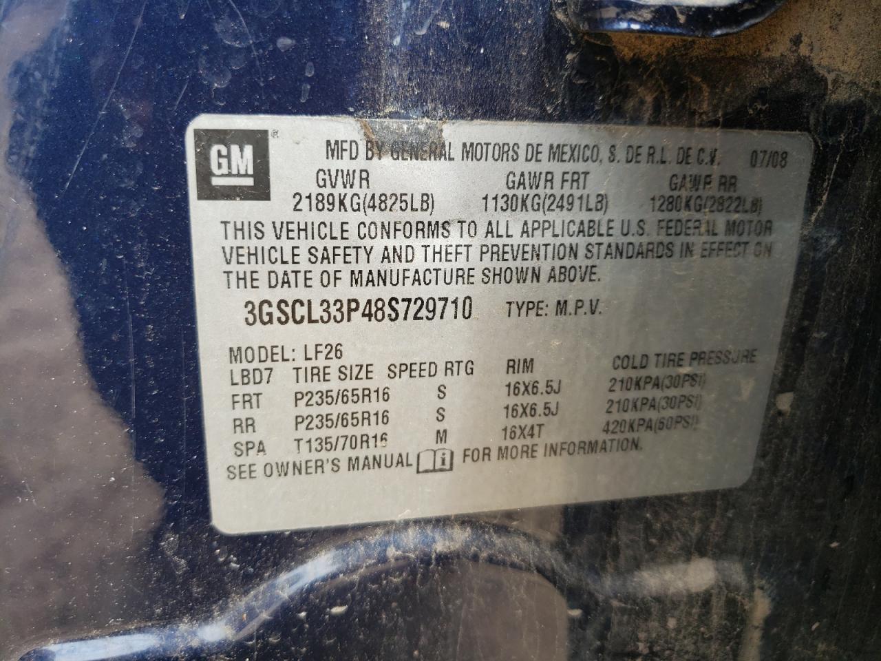 Photo 10 from auction – 2008 SATURN VUE XE with VIN 3GSCL33P48S729710