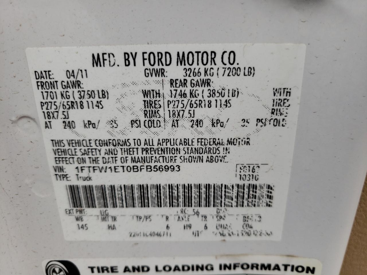 Photo 10 from auction – 2011 FORD F150 SUPER with VIN 1FTFW1ET0BFB56993