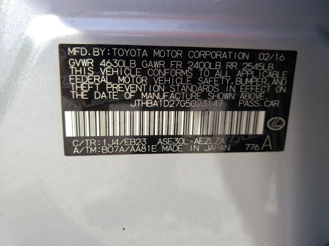 Photo 10 from auction – 2016 LEXUS IS 200T with VIN JTHBA1D27G5023147