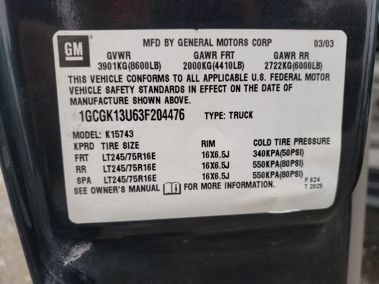 Photo 10 from auction – 2003 CHEVROLET SILVERADO with VIN 1GCGK13U63F204476