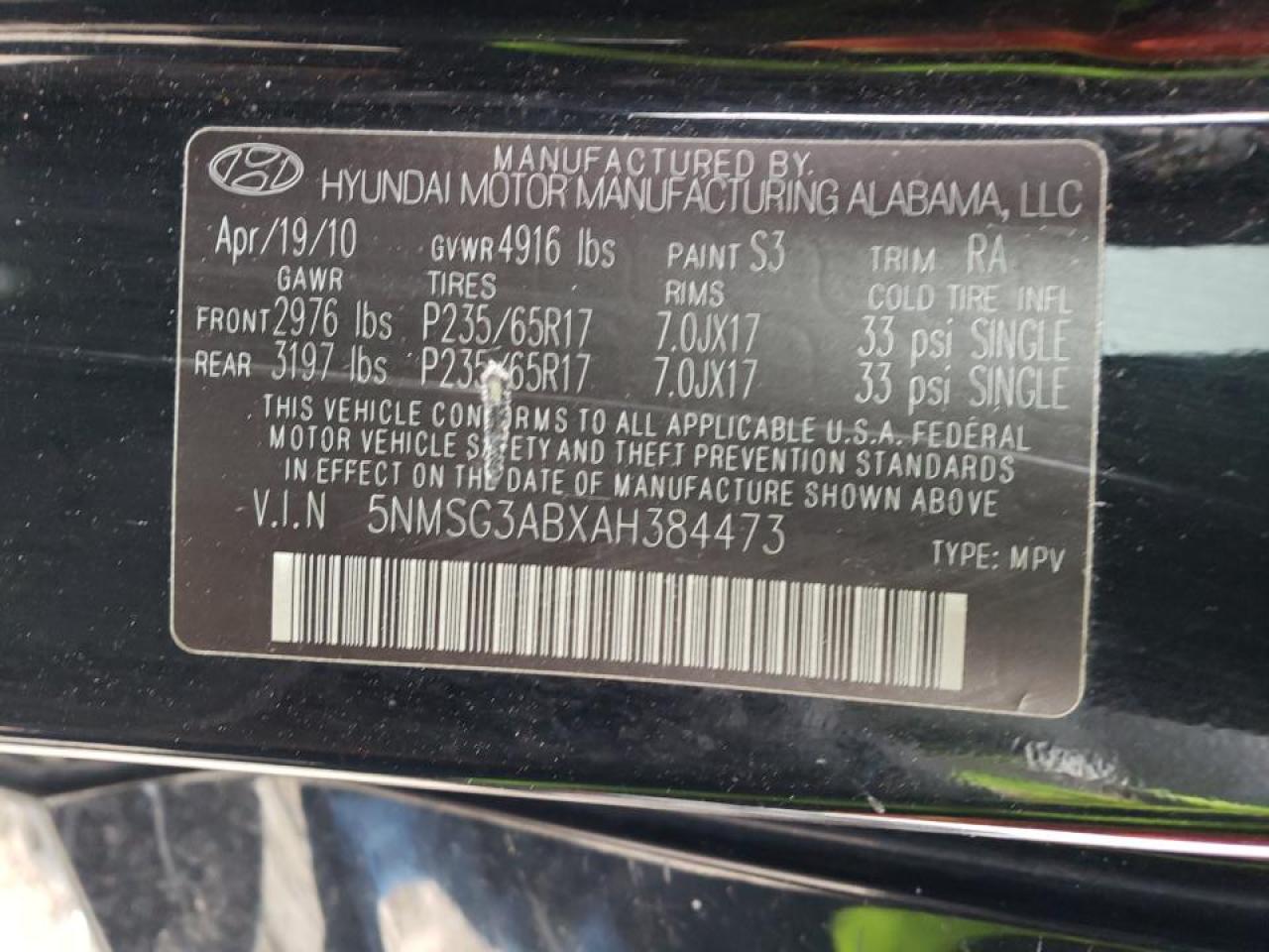 Photo 10 from auction – 2010 HYUNDAI SANTA FE G with VIN 5NMSG3ABXAH384473