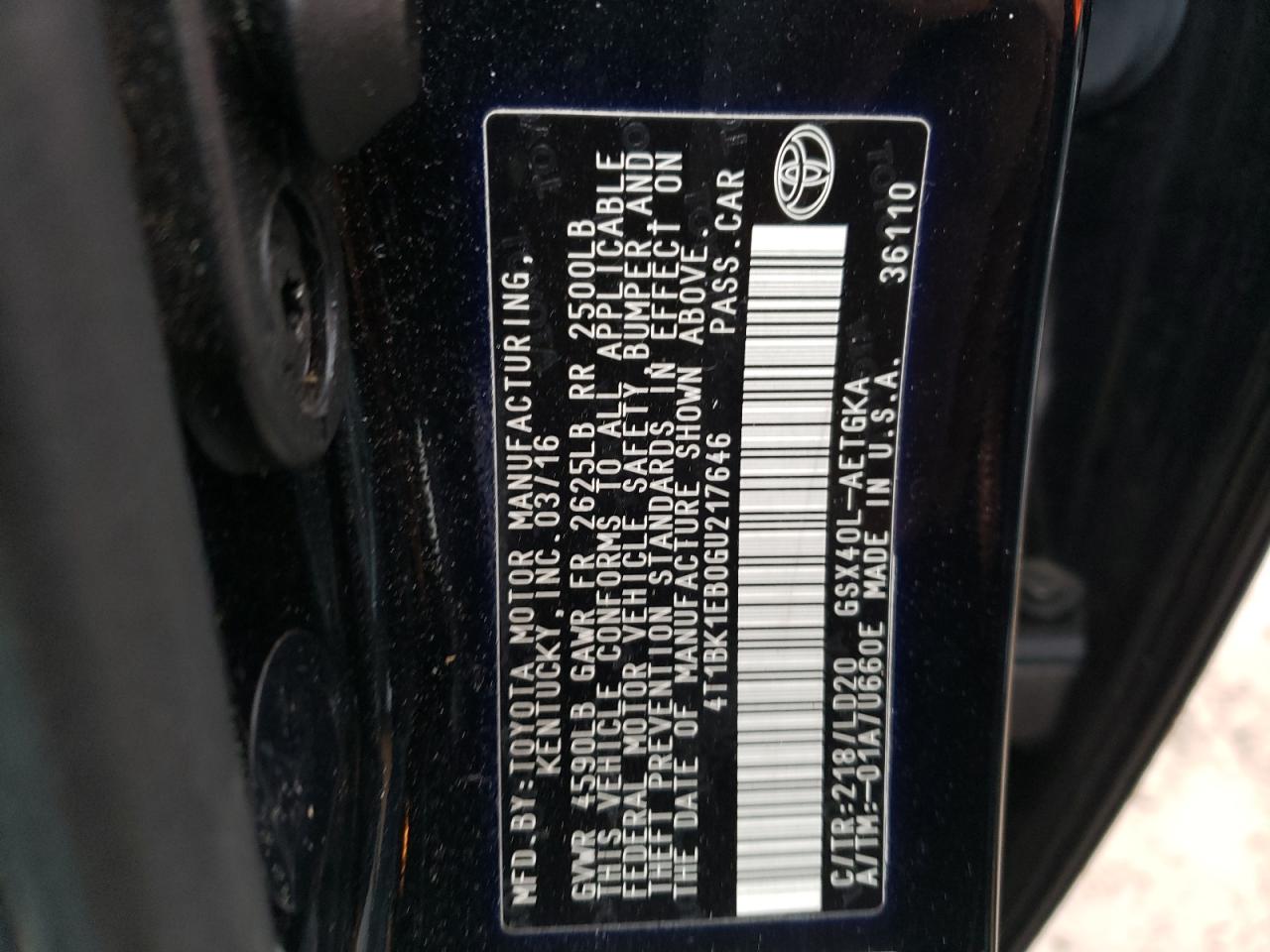 Photo 10 from auction – 2016 TOYOTA AVALON XLE with VIN 4T1BK1EB0GU217646