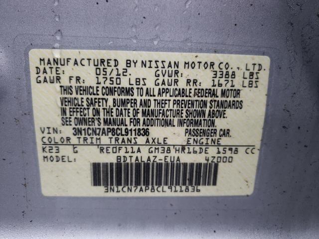 Photo 10 from auction – 2012 NISSAN VERSA S with VIN 3N1CN7AP8CL911836