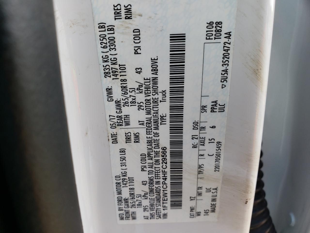 Photo 10 from auction – 2017 FORD F150 SUPER with VIN 1FTEW1CP4HFC29566